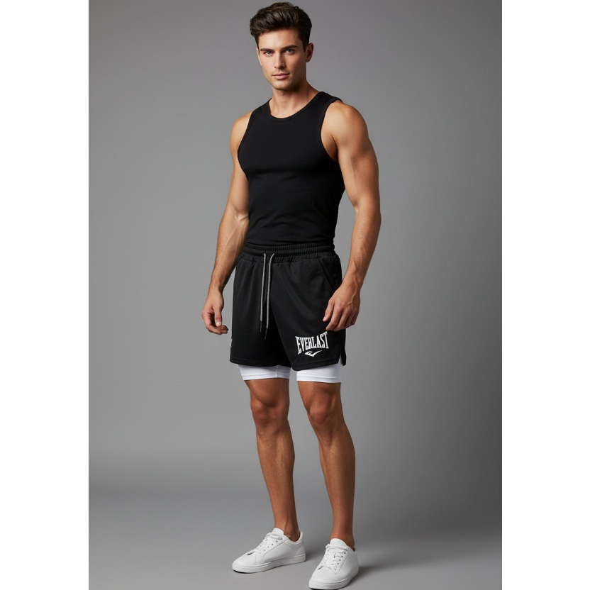 Men's 2 in 1 Gym Shorts in Black and White - AresFit