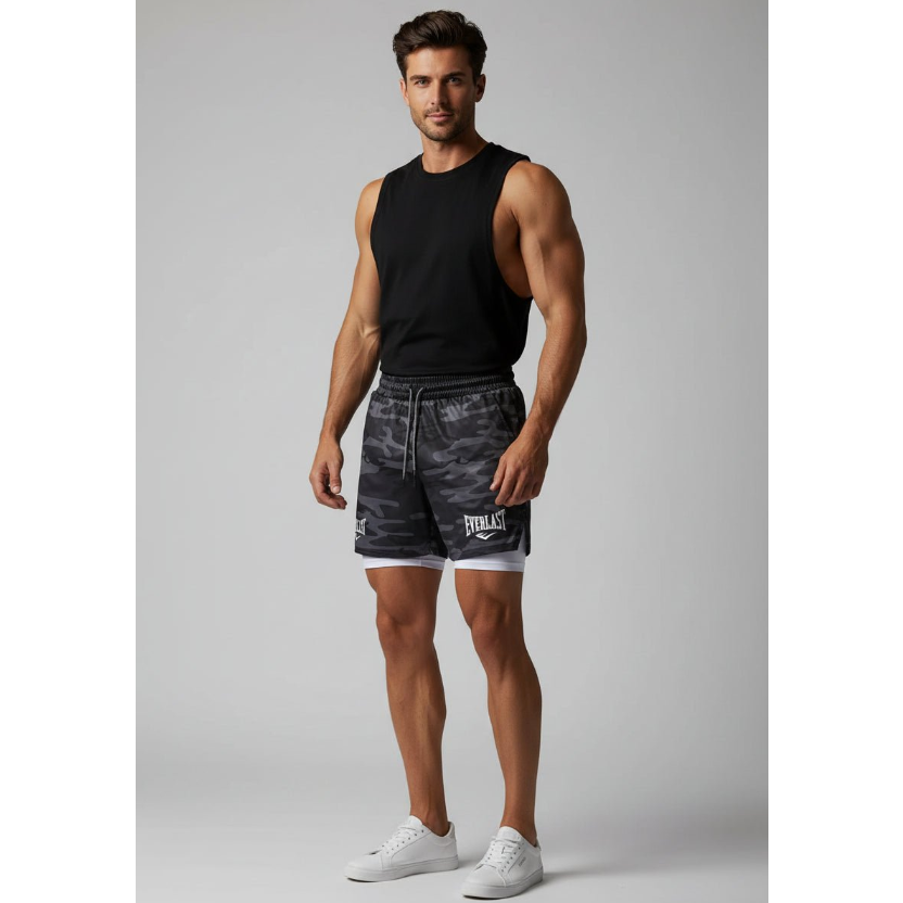 Men's 2 in 1 Gym Shorts in Dark Grey Camo and White - AresFit