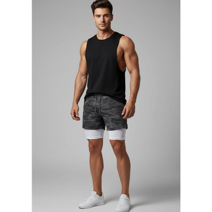 Men's 2 in 1 Gym Shorts in Grey Camo and White - AresFit