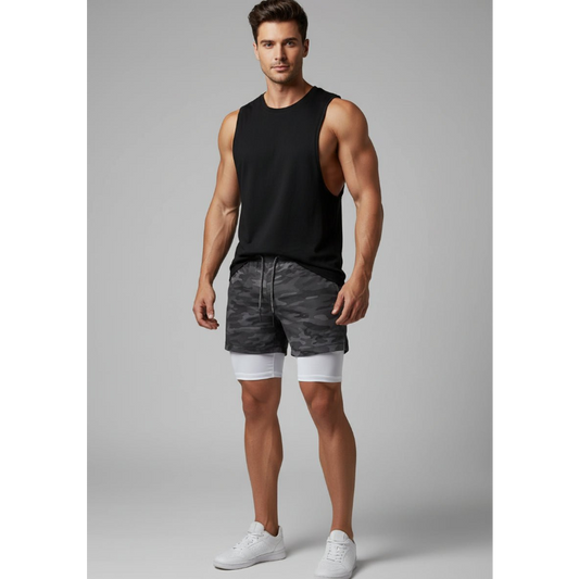 Men's 2 in 1 Gym Shorts in Grey Camo and White - AresFit