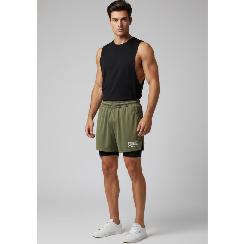 Men's 2 in 1 Gym Shorts in Olive Green and Black - AresFit