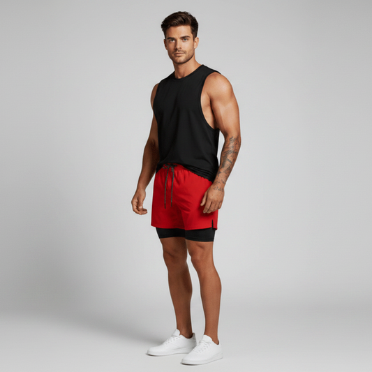 Men's 2 in 1 Gym Shorts in Red and Black - AresFit