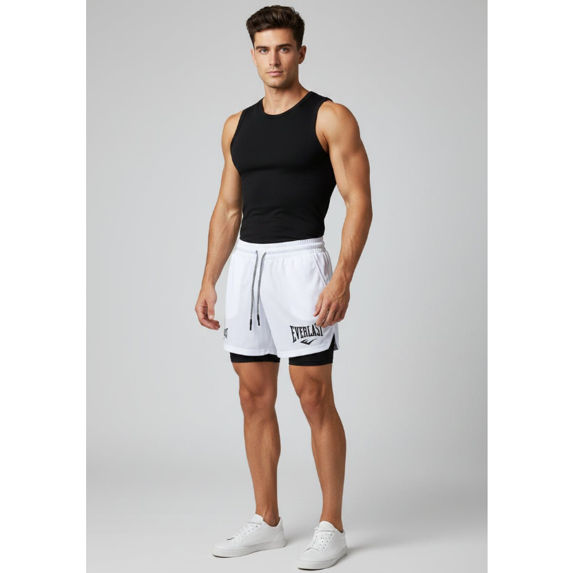 Men's 2 in 1 Gym Shorts in White and Black - AresFit