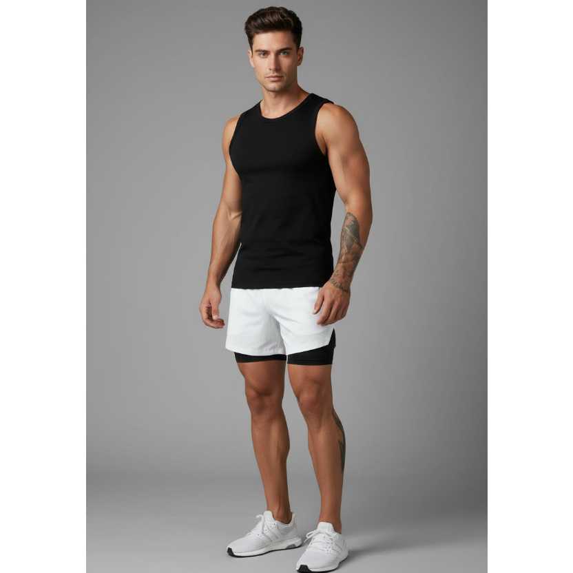 Men's 2 in 1 Gym Shorts in White and Black Towel Style - AresFit