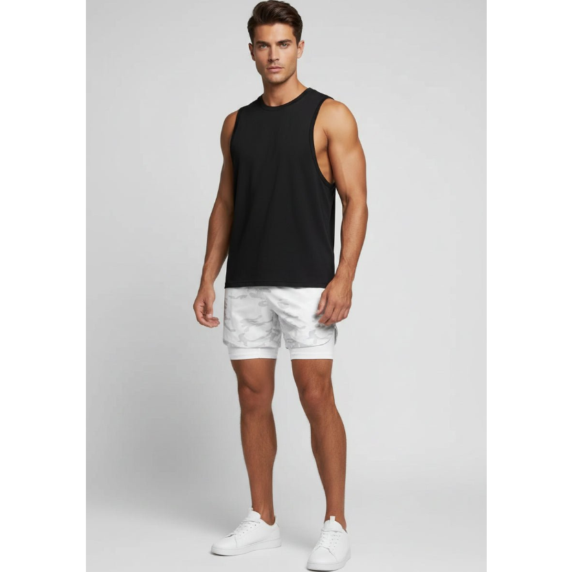 Men's 2 in 1 Gym Shorts in White Cameo - AresFit