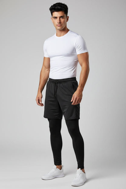 Man wearing a white t-shirt, black shorts, and black leggings on a gray background