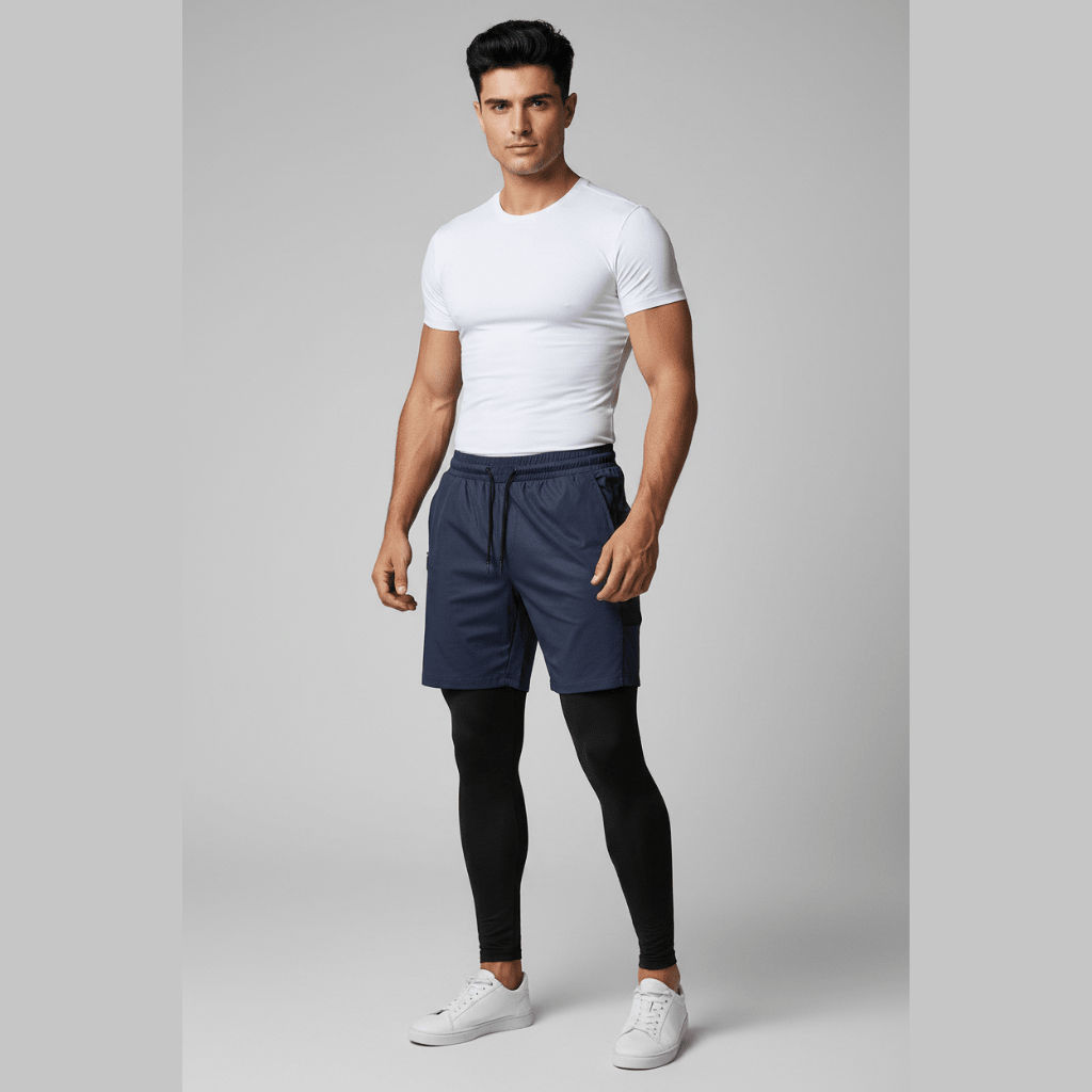 Man wearing a white t-shirt, navy shorts, and black leggings on a gray background