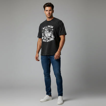 Men’s oversized acid wash bodybuilding tee with all pain no gain graphic and vintage gym streetwear style - AresFit