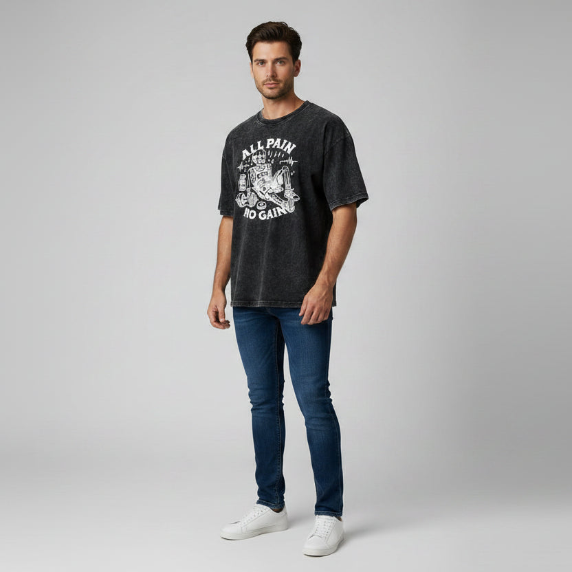 Men’s oversized acid wash fitness shirt with all pain no gain gym graphic and relaxed bodybuilding streetwear look - AresFit