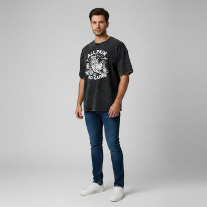 Men’s oversized acid wash fitness shirt with all pain no gain gym graphic and relaxed bodybuilding streetwear look - AresFit