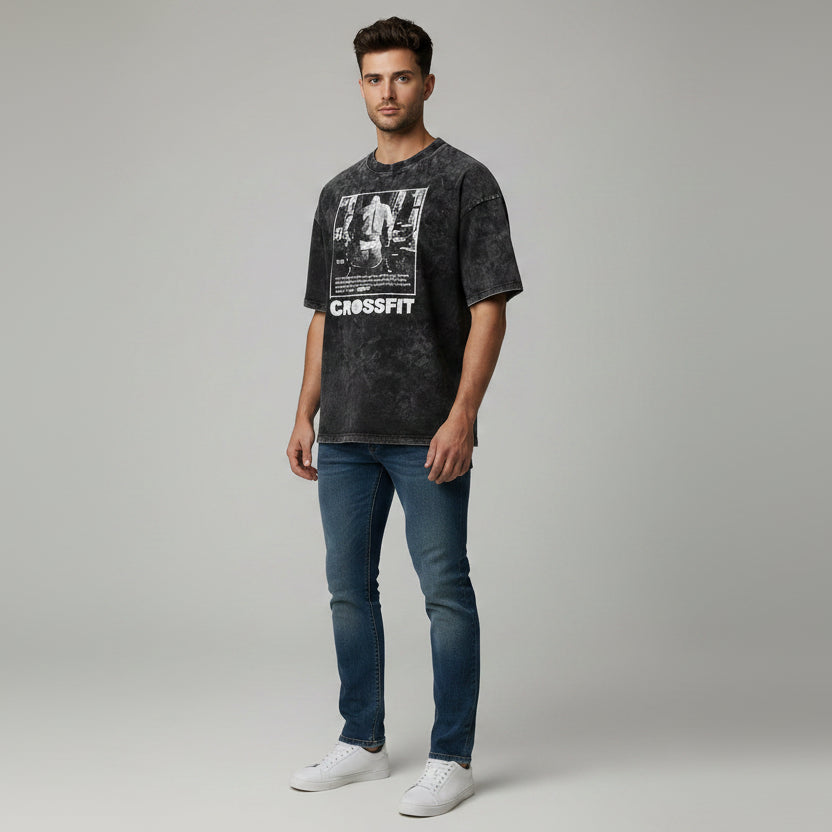 Men’s oversized acid wash CrossFit graphic t-shirt with vintage washed gym streetwear design - AresFit
