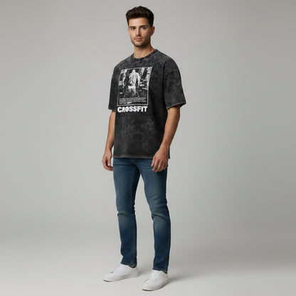 Men’s oversized acid wash CrossFit graphic t-shirt with vintage washed gym streetwear design - AresFit