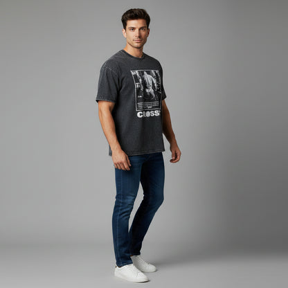 Men’s oversized acid wash fitness tee with CrossFit training graphic and relaxed gym streetwear style - AresFit
