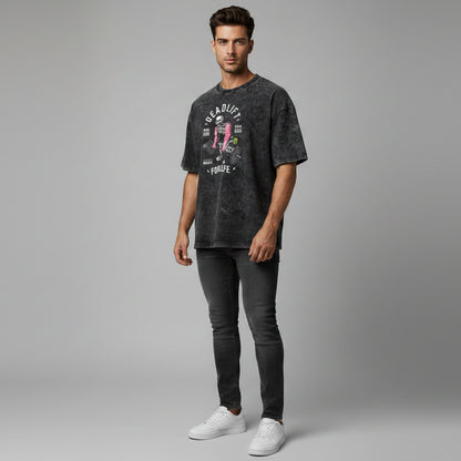 Men’s oversized acid wash workout shirt with deadlift for life graphic and vintage bodybuilding gym style - AresFit