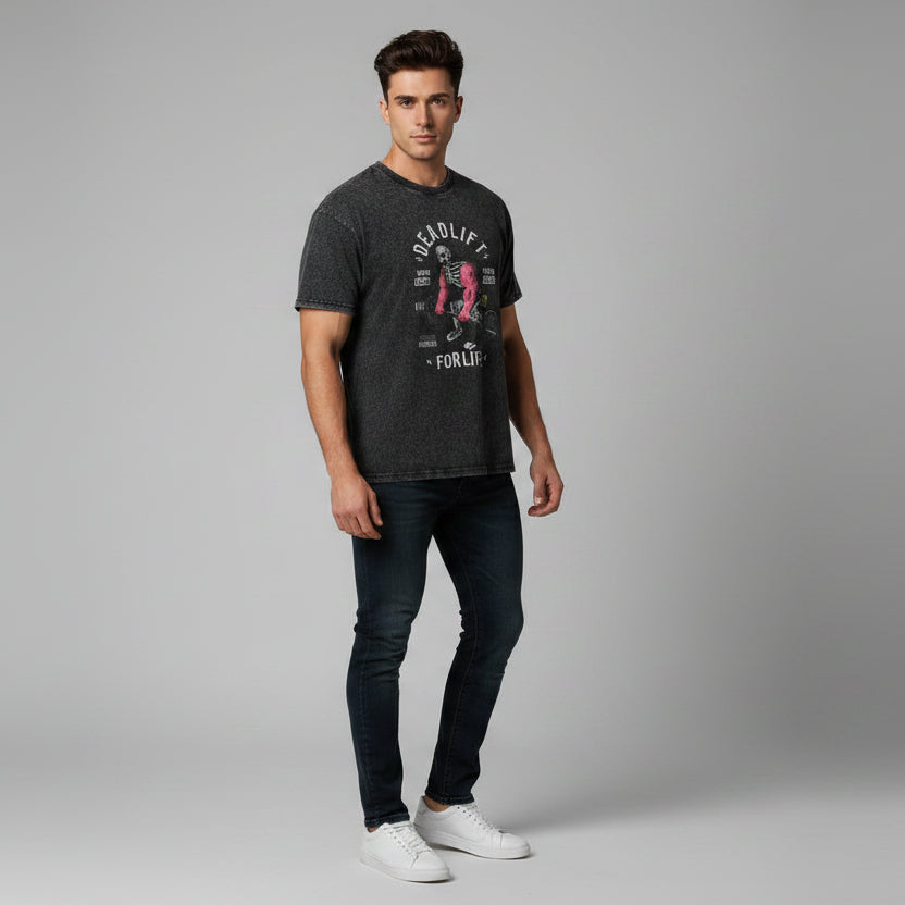 Men’s acid wash gym shirt with deadlift skeleton graphic and modern bodybuilding inspired workout style - AresFit