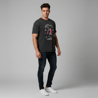 Men’s acid wash gym shirt with deadlift skeleton graphic and modern bodybuilding inspired workout style - AresFit