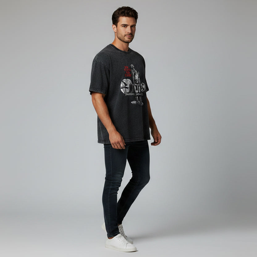 Men’s oversized acid wash gym t-shirt with destroy yourself barbell graphic and vintage bodybuilding streetwear style - AresFit