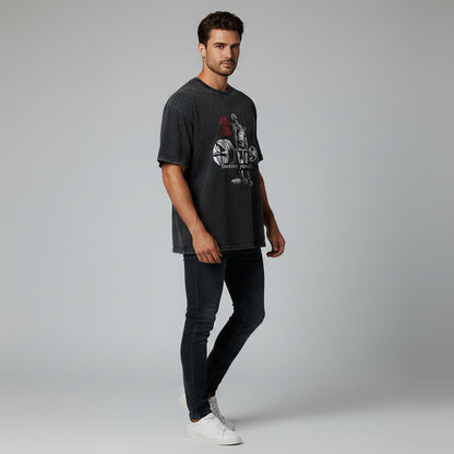 Men’s oversized acid wash gym t-shirt with destroy yourself barbell graphic and vintage bodybuilding streetwear style - AresFit