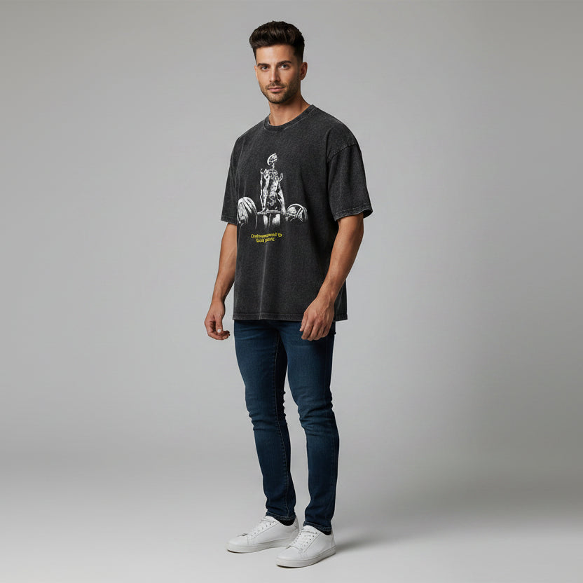 Men’s oversized acid wash gym shirt with destroy yourself deadlift graphic and vintage fitness streetwear design - AresFit