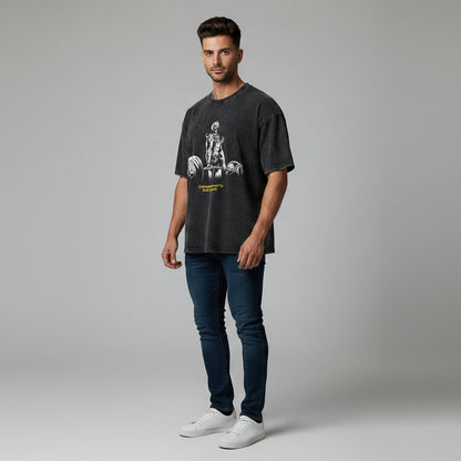 Men’s oversized acid wash gym shirt with destroy yourself deadlift graphic and vintage fitness streetwear design - AresFit