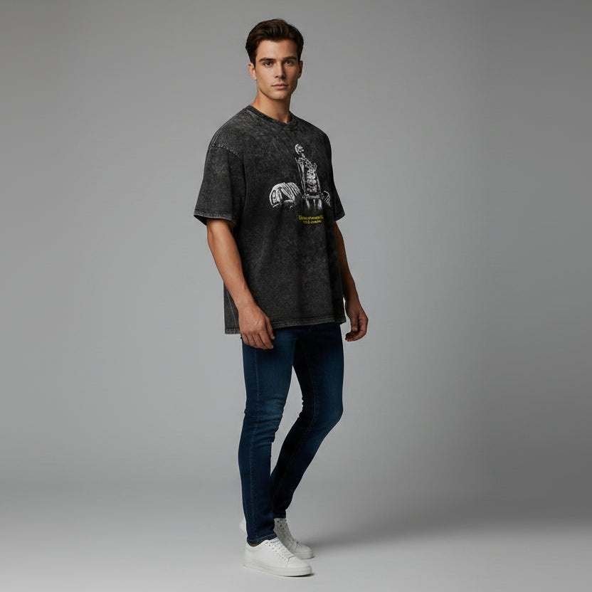 Men’s oversized acid wash fitness shirt with destroy yourself lifting graphic and modern bodybuilding streetwear style - AresFit