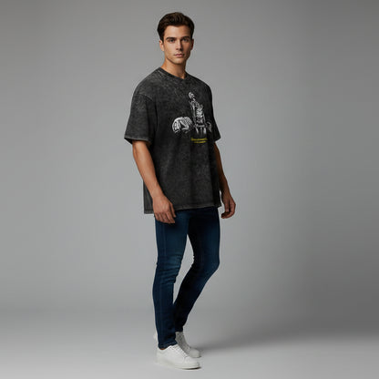 Men’s oversized acid wash fitness shirt with destroy yourself lifting graphic and modern bodybuilding streetwear style - AresFit