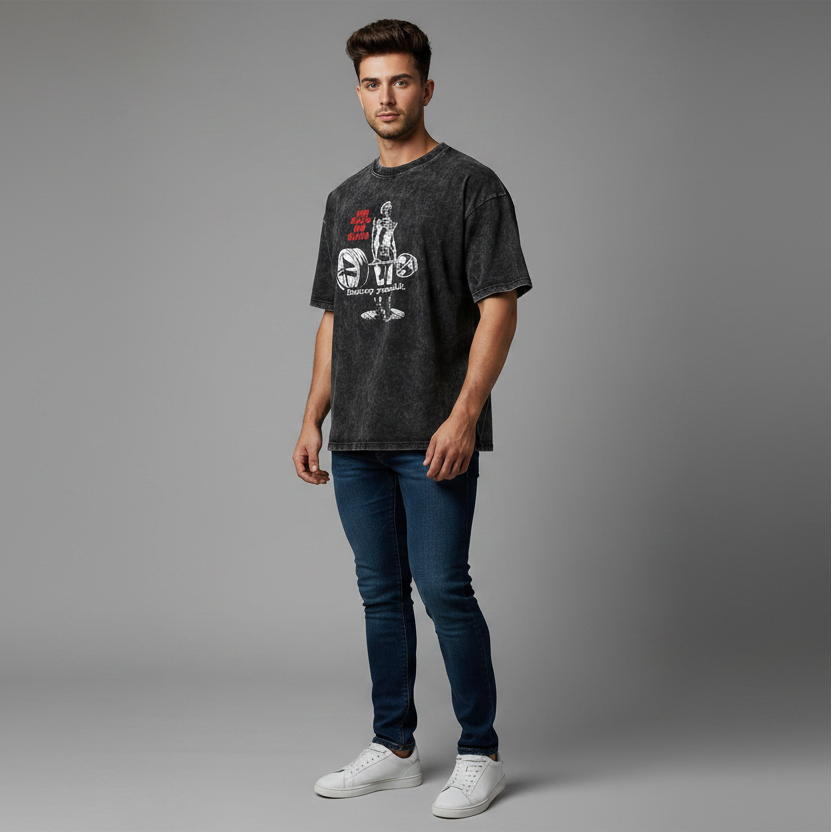 Men’s oversized acid wash workout tee with destroy yourself weightlifting graphic and relaxed gym streetwear fit - AresFit