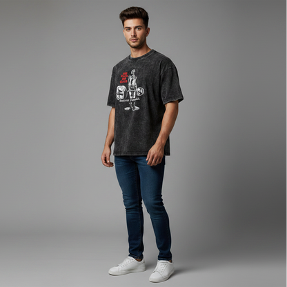 Men’s oversized acid wash workout tee with destroy yourself weightlifting graphic and relaxed gym streetwear fit - AresFit