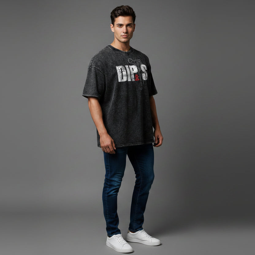 Men’s oversized acid wash t-shirt with dips bodybuilding graphic and relaxed gym streetwear fit - AresFit