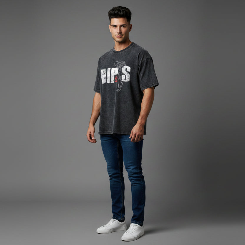 Men’s oversized acid wash workout t-shirt with dips training graphic and vintage gym streetwear fit - AresFit