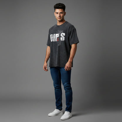 Men’s oversized acid wash workout t-shirt with dips training graphic and vintage gym streetwear fit - AresFit