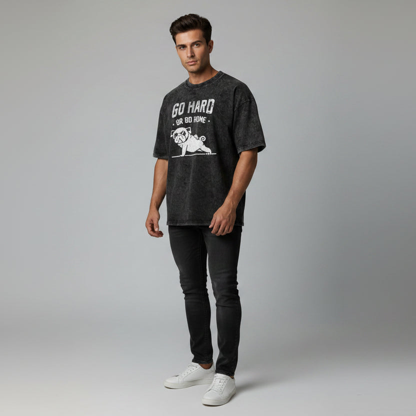 Men’s oversized acid wash graphic tee with go hard or go home pug print and casual gym streetwear style - AresFit