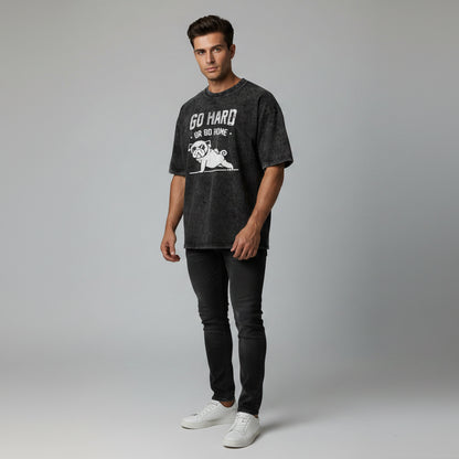 Men’s oversized acid wash graphic tee with go hard or go home pug print and casual gym streetwear style - AresFit