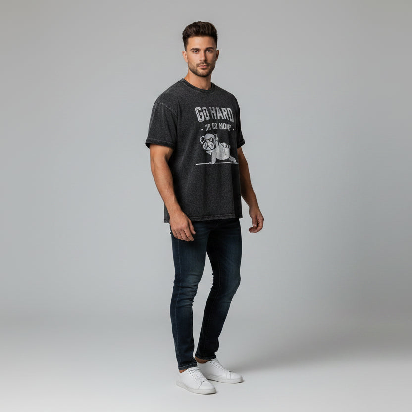 Men’s oversized acid wash workout shirt with go hard or go home pug graphic and relaxed fitness streetwear fit - AresFit