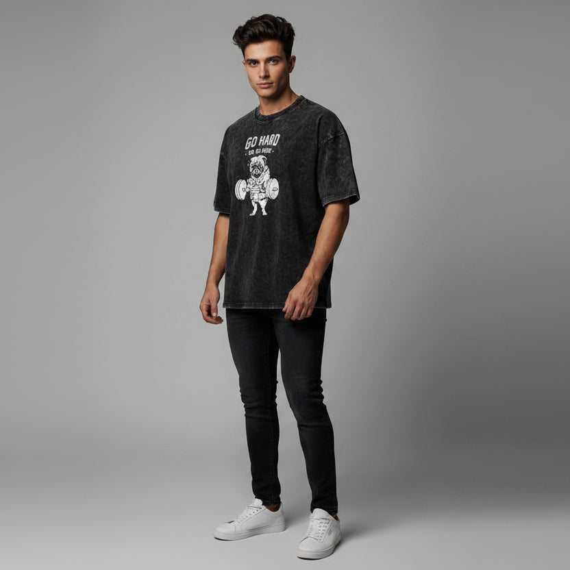 Men’s oversized acid wash gym shirt with go hard weightlifting graphic and relaxed workout streetwear fit - AresFit