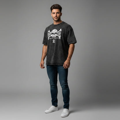 Men’s oversized acid wash workout tee with hardcore skull gym graphic and relaxed fitness streetwear fit - AresFit