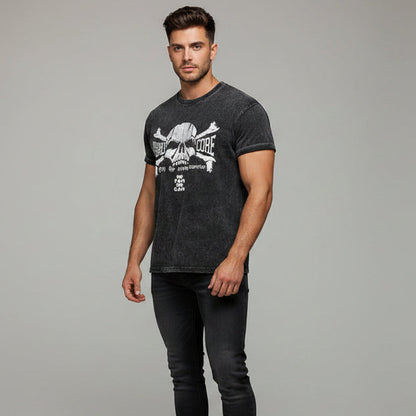Men’s acid wash workout t-shirt with hardcore skull graphic and fitted gym streetwear style - AresFit