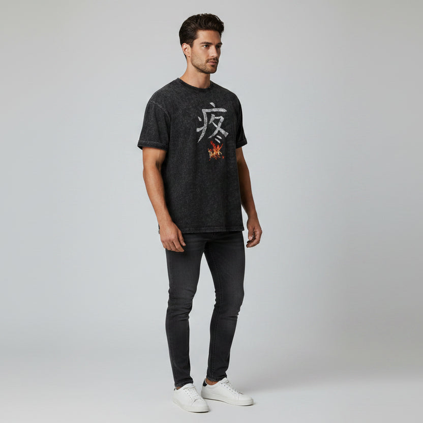 Men’s oversized acid wash fitness t-shirt with Japanese inspired fire graphic and modern gym streetwear design - AresFit