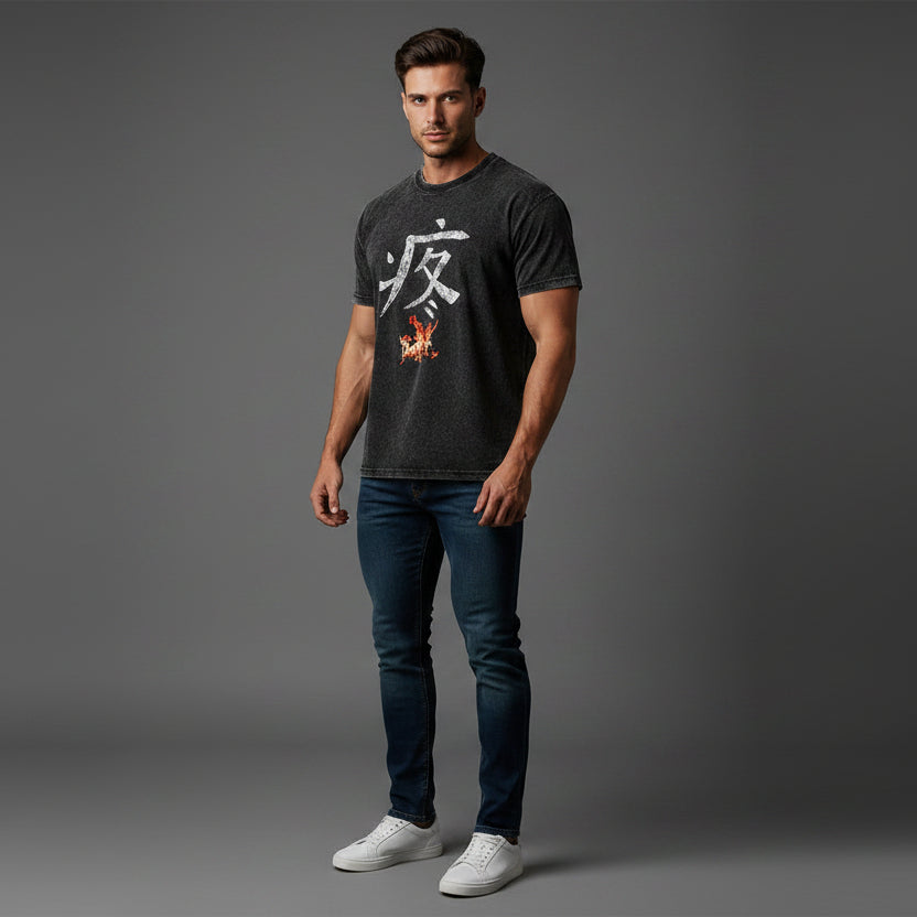 Men’s acid wash fitted gym tee with Japanese fire graphic and athletic streetwear inspired workout design - AresFit