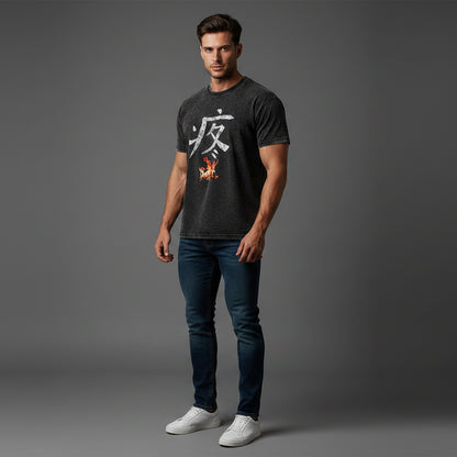 Men’s acid wash fitted gym tee with Japanese fire graphic and athletic streetwear inspired workout design - AresFit