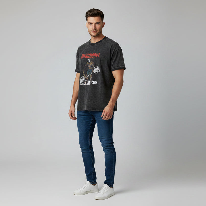 Men’s oversized acid wash gym shirt with Misgroove bodybuilding graphic and relaxed fitness streetwear design - AresFit