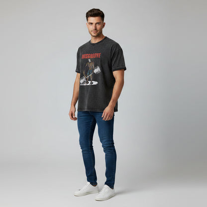 Men’s oversized acid wash gym shirt with Misgroove bodybuilding graphic and relaxed fitness streetwear design - AresFit
