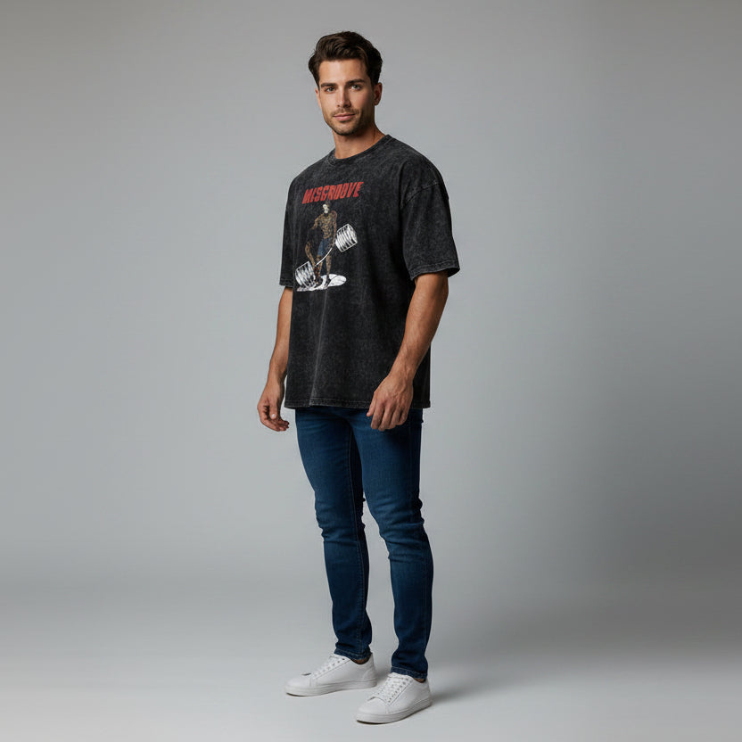 Men’s oversized acid wash workout tee with Misgroove weightlifting graphic and relaxed gym streetwear fit - AresFit