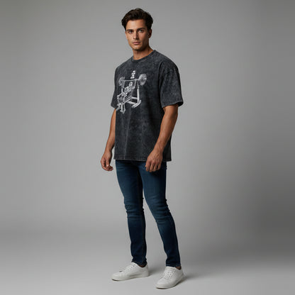 Men’s oversized acid wash gym t-shirt with no pain no gain bench press graphic and vintage bodybuilding streetwear style - AresFit
