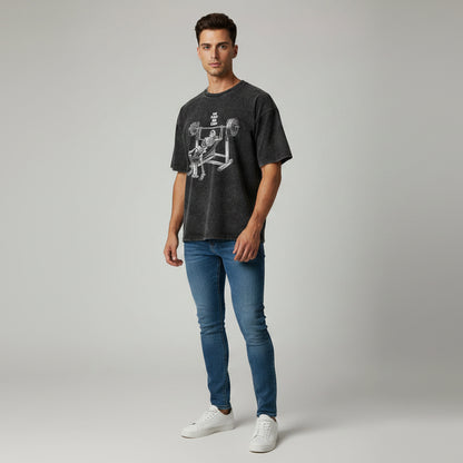 Men’s oversized acid wash workout tee with no pain no gain bench press graphic and vintage bodybuilding style - AresFit