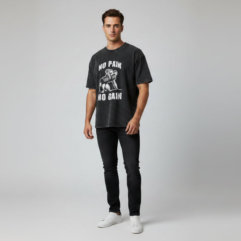 Men’s oversized acid wash bodybuilding t-shirt with no pain no gain lion graphic and modern gym streetwear design - AresFit