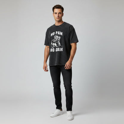 Men’s oversized acid wash bodybuilding t-shirt with no pain no gain lion graphic and modern gym streetwear design - AresFit