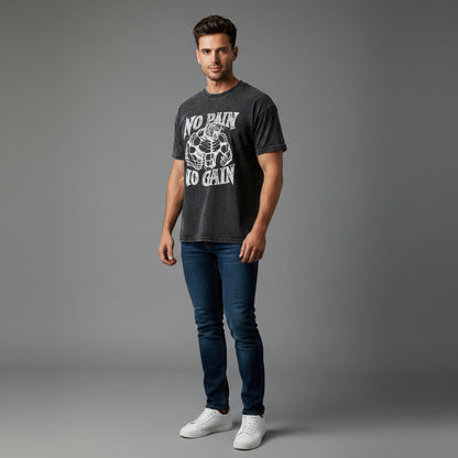 Men’s oversized acid wash workout t-shirt with no pain no gain muscle graphic and relaxed bodybuilding fit - AresFit
