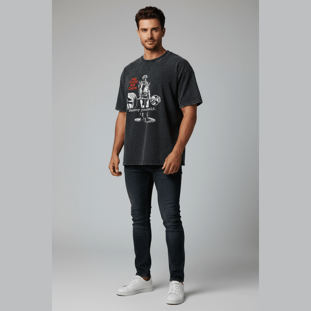 Men’s oversized acid wash gym t-shirt with no pain no gain barbell graphic print and vintage bodybuilding streetwear style - AresFit