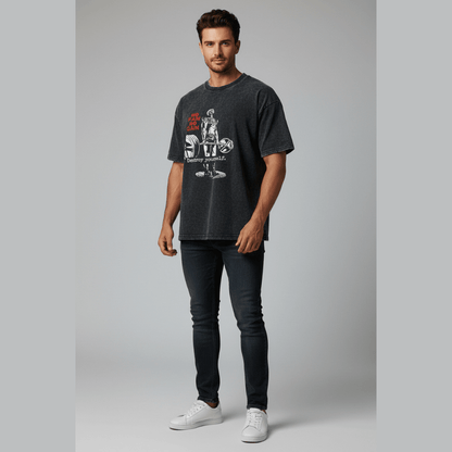 Men’s oversized acid wash gym t-shirt with no pain no gain barbell graphic print and vintage bodybuilding streetwear style - AresFit